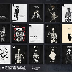 Puede incluir: Un conjunto de 12 ilustraciones imprimibles con tem&aacute;tica de Halloween. Las ilustraciones presentan esqueletos, murci&eacute;lagos, fantasmas, calabazas y gatos. Las ilustraciones son en blanco y negro y se pueden imprimir en papel blanco o negro.