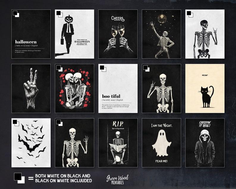 Puede incluir: Un conjunto de 12 ilustraciones imprimibles con tem&aacute;tica de Halloween. Las ilustraciones presentan esqueletos, murci&eacute;lagos, fantasmas, calabazas y gatos. Las ilustraciones son en blanco y negro y se pueden imprimir en papel blanco o negro.