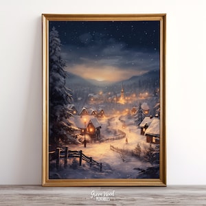 Vintage Christmas Wall Art | Printable Christmas Oil Painting | Cottagecore Wall Decor | Rustic Christmas Village Print | Winter Landscape