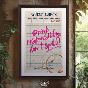 Guest Check Print, Trendy Wall Art, Guest Check Wall Art, Drink responibly don&#39;t spill, Blue Guest Check Poster, Printable Wall Art Decor