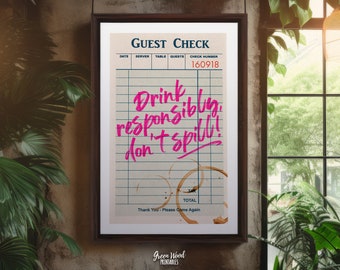 Guest Check Print, Trendy Wall Art, Guest Check Wall Art, Drink responibly don't spill, Blue Guest Check Poster, Printable Wall Art Decor