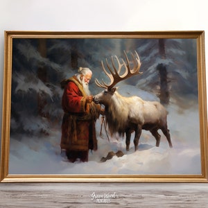 Santa&#39;s Reindeer Companionship | Vintage Christmas Wall Art Printable Christmas Oil Painting Cottagecore Wall Decor | Santa Clause Poster