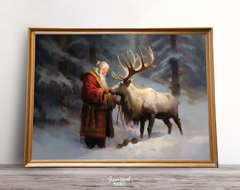 Santa's Reindeer Companionship | Vintage Christmas Wall Art Printable Christmas Oil Painting Cottagecore Wall Decor | Santa Clause Poster