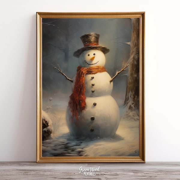 Vintage Snowman Oil Painting Christmas Decor Printable Wall Art | Snowman Poster | Rustic Christmas Prints | Xmas Decorations | Oil Painting