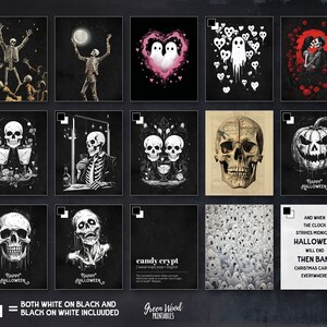 Puede incluir: Un conjunto de 12 dise&ntilde;os de Halloween imprimibles con esqueletos, fantasmas, calaveras y calabazas. Los dise&ntilde;os son en blanco y negro y se pueden imprimir en papel blanco o negro. Los dise&ntilde;os incluyen texto como "Happy Halloween" y "Candy Crypt".