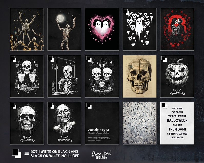 Puede incluir: Un conjunto de 12 dise&ntilde;os de Halloween imprimibles con esqueletos, fantasmas, calaveras y calabazas. Los dise&ntilde;os son en blanco y negro y se pueden imprimir en papel blanco o negro. Los dise&ntilde;os incluyen texto como "Happy Halloween" y "Candy Crypt".
