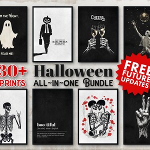 Puede incluir: Una colecci&oacute;n de m&aacute;s de 30 p&oacute;sters imprimibles con tem&aacute;tica de Halloween. Los p&oacute;sters presentan varios dise&ntilde;os, que incluyen un fantasma, un esqueleto, una calabaza, una calavera y una pareja de esqueletos que se toman de la mano. El texto "ACTUALIZACIONES FUTURAS GRATUITAS" se muestra en un c&iacute;rculo rojo.