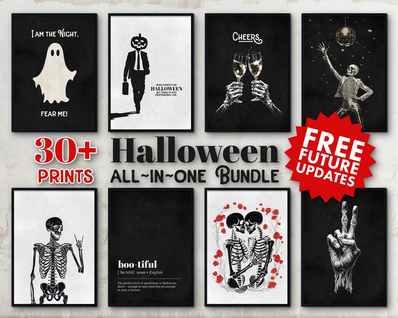 Puede incluir: Una colecci&oacute;n de m&aacute;s de 30 p&oacute;sters imprimibles con tem&aacute;tica de Halloween. Los p&oacute;sters presentan varios dise&ntilde;os, que incluyen un fantasma, un esqueleto, una calabaza, una calavera y una pareja de esqueletos que se toman de la mano. El texto "ACTUALIZACIONES FUTURAS GRATUITAS" se muestra en un c&iacute;rculo rojo.