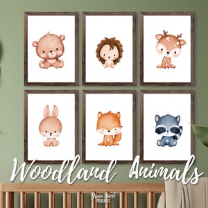 Watercolor Woodland Animals Print Set of 6 Nursery Prints, Baby Shower Decorations, Nursery Baby Animal Poster Set, Wall Art Forest Nursery
