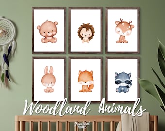 May include: Six printable watercolor illustrations of woodland animals. The animals are a bear, hedgehog, deer, rabbit, fox, and raccoon. Each animal is depicted in a cute, cartoon style.
