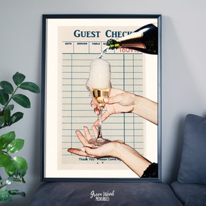 Wydruk czeku gościa, modna sztuka ścienna, czek gościa szampana przelew alkoholu, plakat czeku na szampana, dekoracja ścienna sztuka nalewania alkoholu