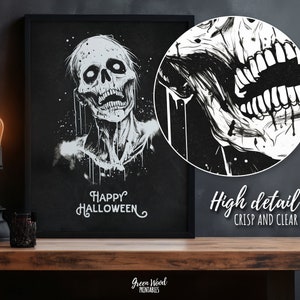Puede incluir: Ilustraci&oacute;n digital en blanco y negro de una calavera con pintura goteando y el texto "Happy Halloween".