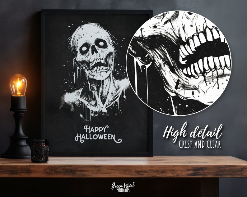 Puede incluir: Ilustraci&oacute;n digital en blanco y negro de una calavera con pintura goteando y el texto "Happy Halloween".