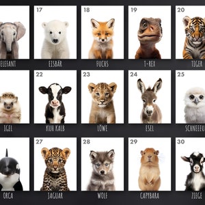 May include: A collage of 15 images featuring baby animals, including an elephant, polar bear, fox, T-Rex, tiger, hedgehog, calf, lion, donkey, snowy owl, orca, jaguar, wolf, capybara, and goat.
