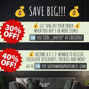 Puede incluir: Un gr&aacute;fico con una estrella roja con el texto "30% OFF!" y una estrella verde con el texto "40% OFF!" El gr&aacute;fico tambi&eacute;n incluye un fondo negro con el texto "SAVE BIG!!" y dos bolsas de dinero amarillas con signos de d&oacute;lar. El texto "GET 30% OFF YOUR ORDER WHEN YOU BUY 3 OR MORE ITEMS!" est&aacute; en un cuadro verde con un signo de d&oacute;lar amarillo. El texto "USE CODE "SAVE30" AT CHECKOUT" est&aacute; en un cuadro blanco con una flecha azul. El texto "BECOME A V.I.P. MEMBER TO RECEIVE EXCLUSIVE DISCOUNTS, FREEBIES AND MORE!" est&aacute; en un cuadro verde con un signo de d&oacute;lar amarillo. El texto "GO TO VIP.GREENWOODPRINTABLES.COM" est&aacute; en un cuadro blanco con una flecha azul.