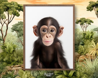 Printable Baby Chimpanzee Nursery Print, Chimp Poster Safari Nursery, African Animal Chimpanzee Baby, Chimp Baby Animal Poster, Monkey, Ape