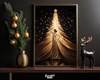 Art Deco Christmas Decor Print | Elegant Christmas Tree Art Deco Print | Xmas Wall Art | Art Deco Great Gatsby Poster | Golden Flapper Dress
