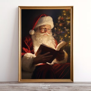 Vintage Christmas Wall Art Santa Reading Book Printable Christmas Oil Painting | Cottagecore Wall Decor | Rustic Christmas Holiday Decor