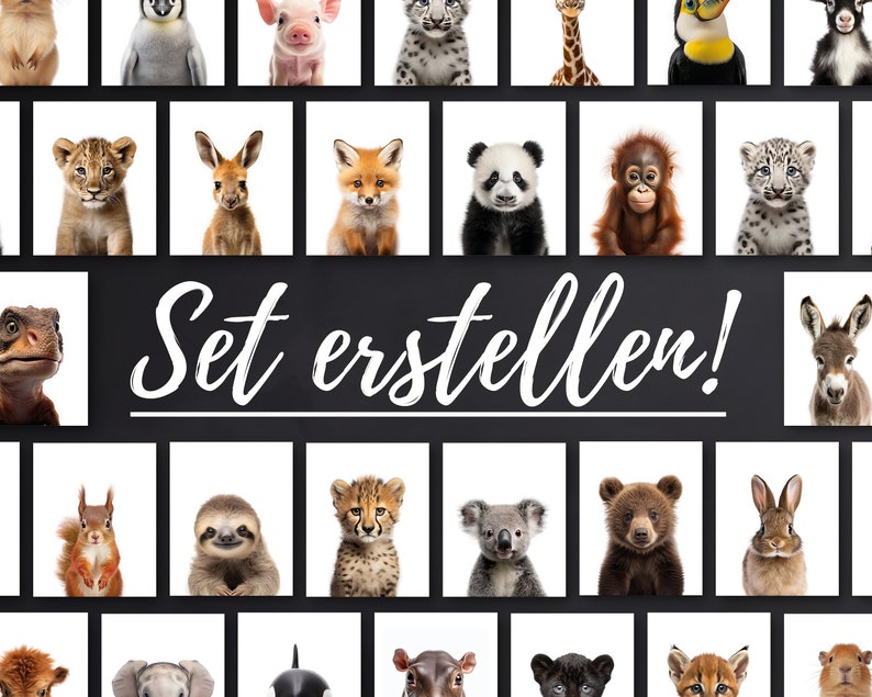 May include: A collage of various animal images, including a penguin, a piglet, a fox, a panda, a monkey, a cheetah, a sloth, a koala, a bear, a rabbit, a donkey, a squirrel, a toucan, a giraffe, a leopard, a snake, a dolphin, a hippopotamus, a cat, and a tiger. The text "Set erstellen!" is displayed in the center of the image.