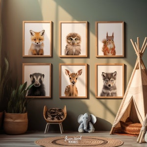 May include: A set of six framed animal prints featuring a fox, owl, squirrel, badger, deer, and wolf. The prints are displayed on a green wall with a teepee and a chair in the foreground.