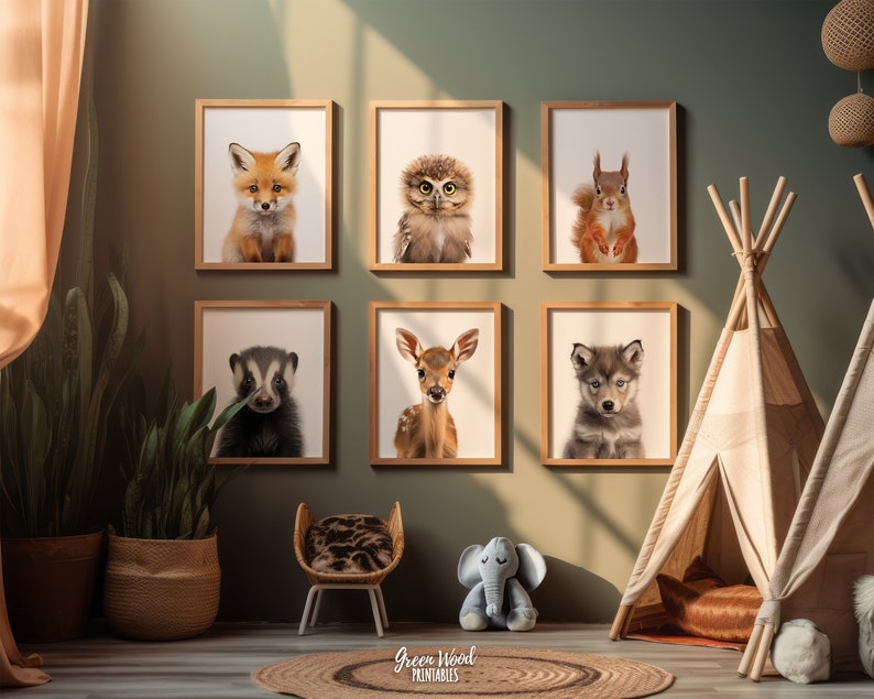 May include: A set of six framed animal prints featuring a fox, owl, squirrel, badger, deer, and wolf. The prints are displayed on a green wall with a teepee and a chair in the foreground.