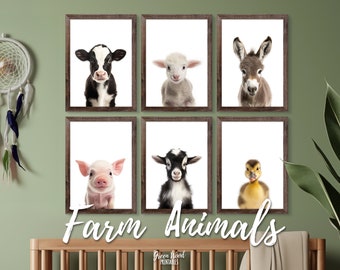 Conjunto de impresión de animales de granja de 6 impresiones de vivero, decoraciones de baby shower de animales de granja, conjunto de impresión de animales de bebé de guardería, cartel de guardería de granja de arte de pared