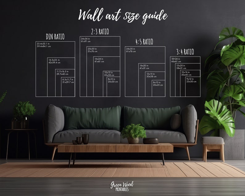 Puede incluir: Una gu&iacute;a de tama&ntilde;o de arte de pared con diferentes proporciones, incluyendo DIN, 2:3, 3:4 y 4:5. La gu&iacute;a muestra las dimensiones en pulgadas y cent&iacute;metros para cada proporci&oacute;n. La gu&iacute;a se muestra en una pared gris oscuro con un sof&aacute; y una mesa de caf&eacute; en frente.