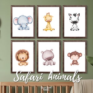 Watercolor Safari Animal Set of 6 Nursery Prints, Baby Shower Decorations, Baby Animal Poster Set, Wall Art Africa Nursery, Gender Neutral