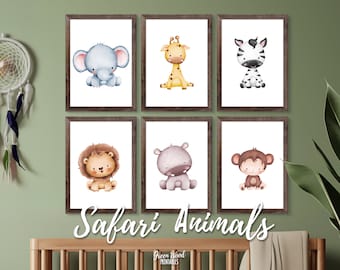 Watercolor Safari Animal Set of 6 Nursery Prints, Baby Shower Decorations, Baby Animal Poster Set, Wall Art Africa Nursery, Gender Neutral