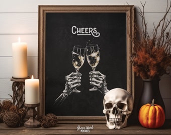 Decoración de Halloween en interiores, arte de la pared de Halloween, champán anima el alcohol, copas de champán esqueleto, arte de pared imprimible decoración de Halloween