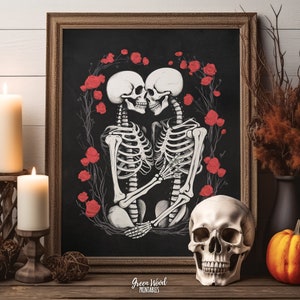 ハロウィーン室内装飾、ラブユースケルトン、ハロウィーンカップルウォールアート、スケルトンキス、印刷可能なウォールアートハロウィーンスケルトンデコレーション