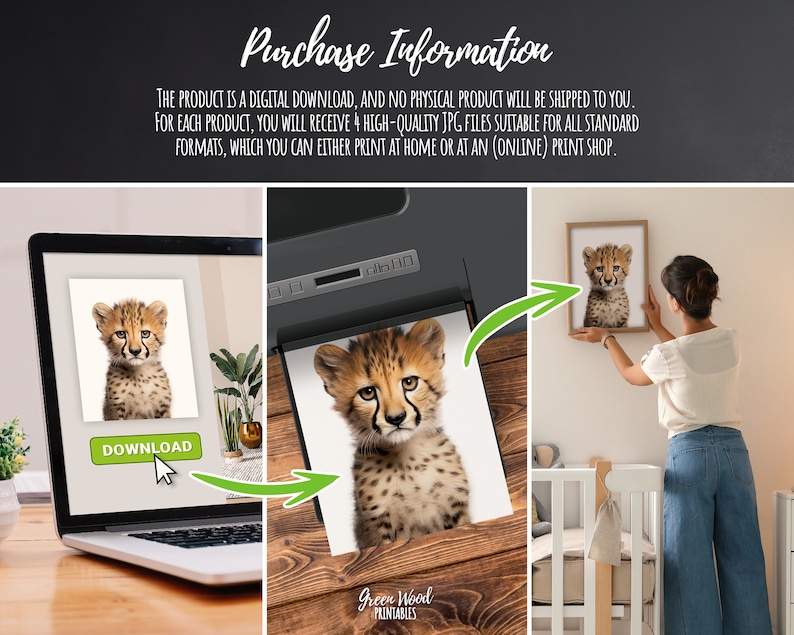 May include: Digital download of a printable image featuring a cute cheetah cub with a light brown and black spotted coat. The image is displayed on a laptop screen with a download button. The image is also shown being printed on a printer and being hung on a wall.