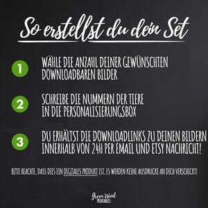 May include: A chalkboard with instructions on how to create a personalized set of printable images. The instructions are numbered 1, 2, and 3. The text says "So erstellst du dein Set" which translates to "So you create your set".