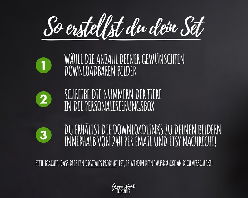 May include: A chalkboard with instructions on how to create a personalized set of printable images. The instructions are numbered 1, 2, and 3. The text says "So erstellst du dein Set" which translates to "So you create your set".