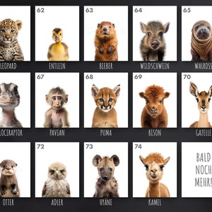 May include: A collection of 15 illustrated animal portraits, each with a number and name underneath. The animals include a leopard, duckling, beaver, wild boar, walrus, velociraptor, monkey, puma, bison, gazelle, otter, eagle, hyena, camel, and a text box that says "Bald Noch Mehr!"