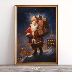 Vintage Christmas Wall Art Santa Is Coming To Town Printable Christmas Oil Painting | Cottagecore Wall Decor | Rustic Christmas Holiday Gift