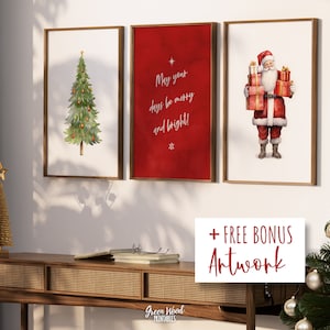 Christmas Wall Art Gallery Set Of 3 | Christmas Saying Poster | Watercolor Christmas Tree Print | Water Color Santa Clause | Printable Decor