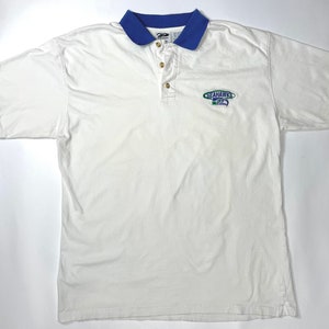 Vintage 1990&#39;s The Edge NFLP Seattle Washington Seahawks Short Sleeve Collared White and Blue Polo