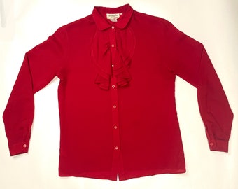 Vintage 1980's Christian Dior Crimson Red 100% Silk Ruffled Button Up Blouse Size 4