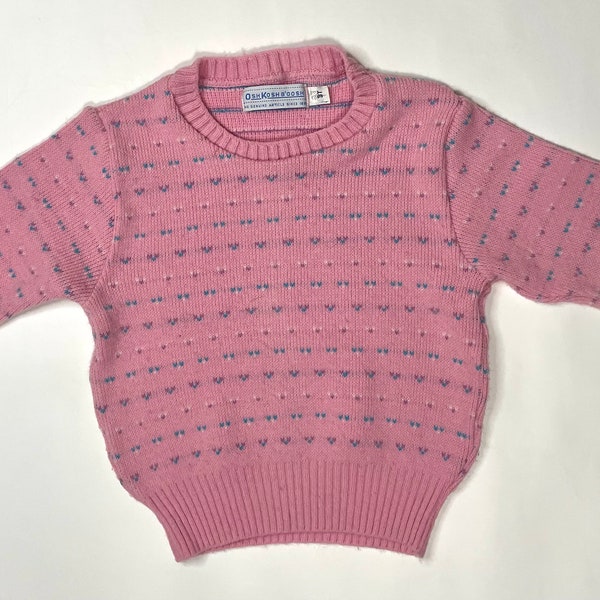 Adorable Vintage 1980's Pink Knit OshKosh B'Gosh Children's Sweater with Little Hearts Size 3T