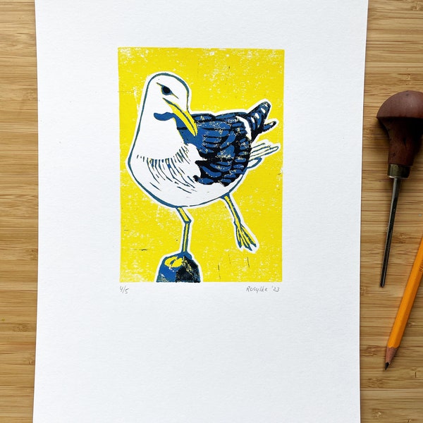Silly Seagul - handprinted lino illustration - reduction print