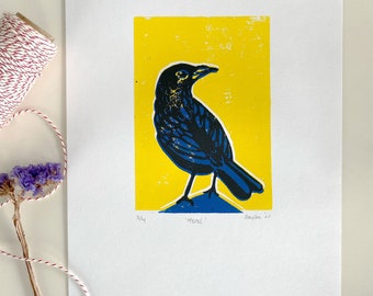 Blackbird/ blackbird - handprinted lino illustration - reduction print