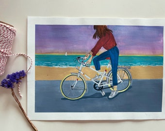 bicycle girl - giclee print of a guache illustration, wall art