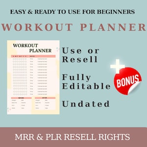 Puede incluir: Un planificador de entrenamiento rosa y amarillo con un calendario, una sección de notas y medidas antes y después. El texto "Usar o revender" y "Totalmente editable" está en el lado derecho de la imagen. Un círculo rojo con una cruz blanca y la palabra "BONUS" está en la esquina superior derecha.