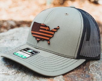 USA American Flag Trucker Hat, Leather Patch, United States Hat