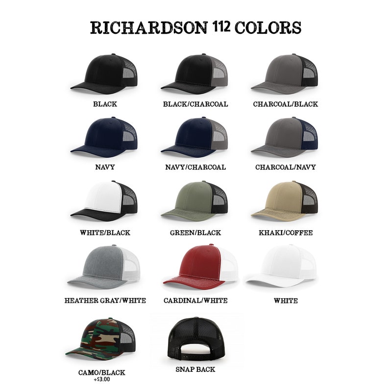 K&ouml;nnte beinhalten: Eine Kollektion von Richardson 112 Trucker-Caps in verschiedenen Farbkombinationen, darunter Schwarz, Anthrazit, Marineblau, Wei&szlig;, Gr&uuml;n, Khaki, Heidegrau, Kardinalrot und Camouflage. Jede Kappe hat eine strukturierte Vorderseite und Netzpaneele.