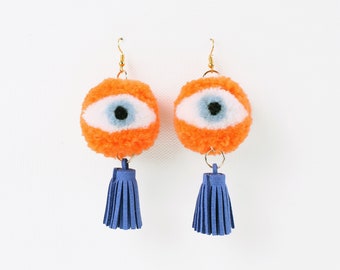Pendientes de pompón con forma de ojo de color naranja, pendientes colgantes, pendientes llamativos, pendientes con borlas de pompón, pendientes con forma de ojo, regalo de cumpleaños, regalo de Navidad
