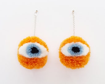 Pendientes de pompón con forma de ojo de color naranja Pendientes llamativos Pendientes colgantes Pendientes únicos Regalo de cumpleaños Regalo de Navidad Pendientes extravagantes Joyas