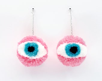 Pendientes de pompón con forma de ojo de color rosa, pendientes colgantes, pendientes llamativos, pendientes de moda, pendientes bonitos, pendientes con forma de ojo, regalo de cumpleaños, regalo único