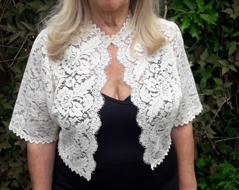 Cream lace bolero jacket shrug cover-up, edge to edge half sleeved bolero with pretty picot edging , hand made in the UK.